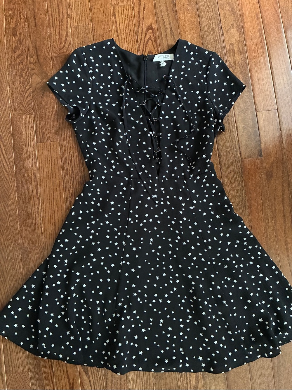 WYLDR Black Star Print Lace-Up Front Mini Dress